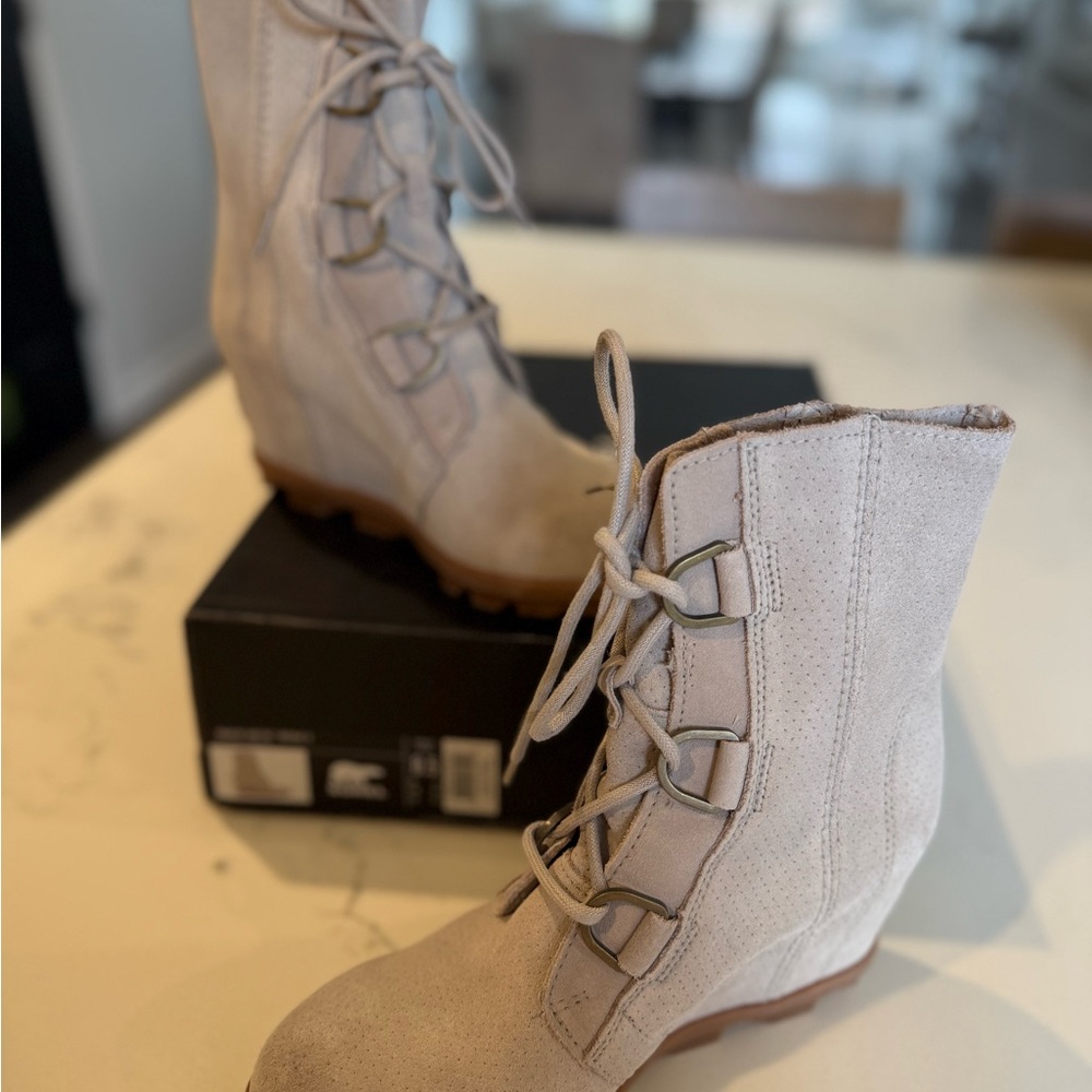 Sorel Lace-Up Suede Ankle Boots in Light Taupe